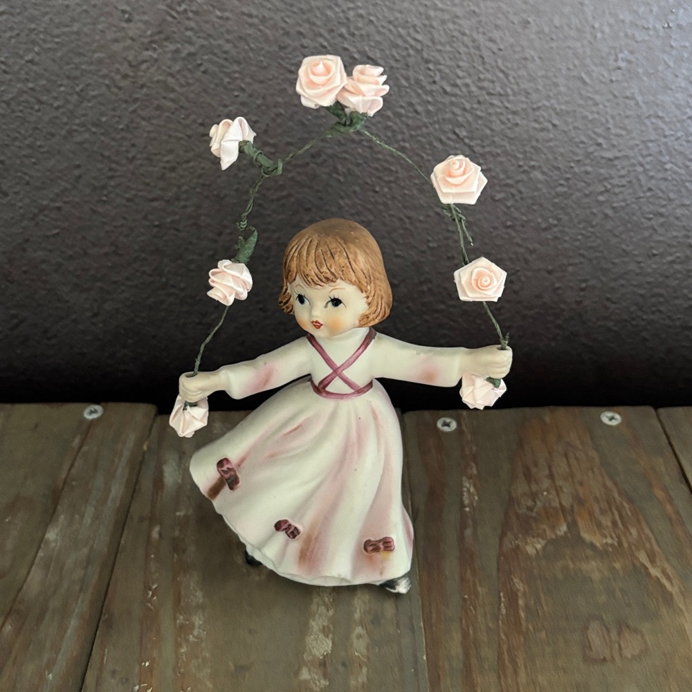 Decorative Ceramic Girl Figurine with Pink Rose Garland -